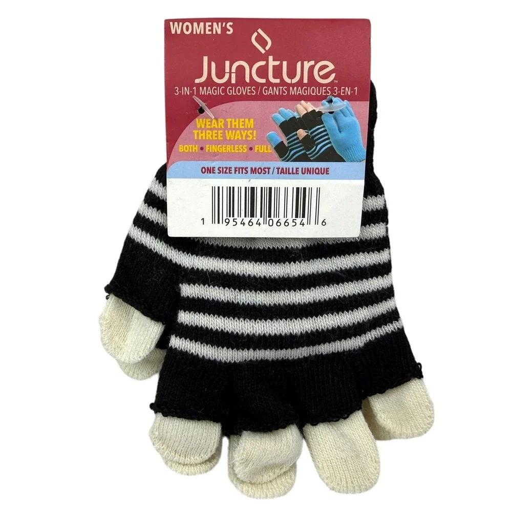 Juncture Women's 3-in-1 Magic Gloves Black White Striped Convertible One Size